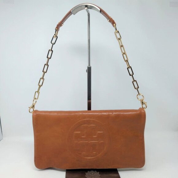 Tory Burch Bombe Reva Clutch Shoulder Bag Brown Leather - Picture 13 of 13